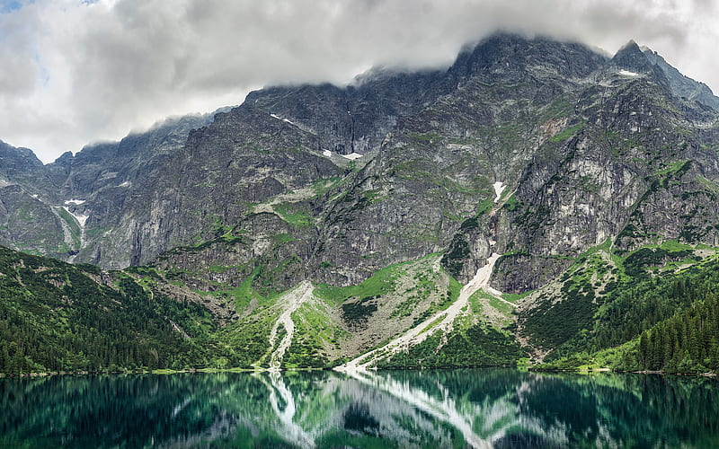 Morskie Oko, mountain lake, spring, Tatra Mountains, mountain landscape, glacial lake, clouds, emerald lake, Poland, Tatra National Park, HD wallpaper