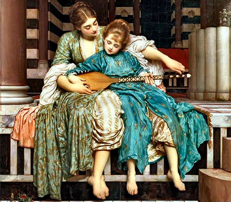The Music Lesson, art, Old Master, music, bonito, illustration, artwork, lesson, people, painting, wide screen, Leighton, Lord Frederick Leighton, HD wallpaper
