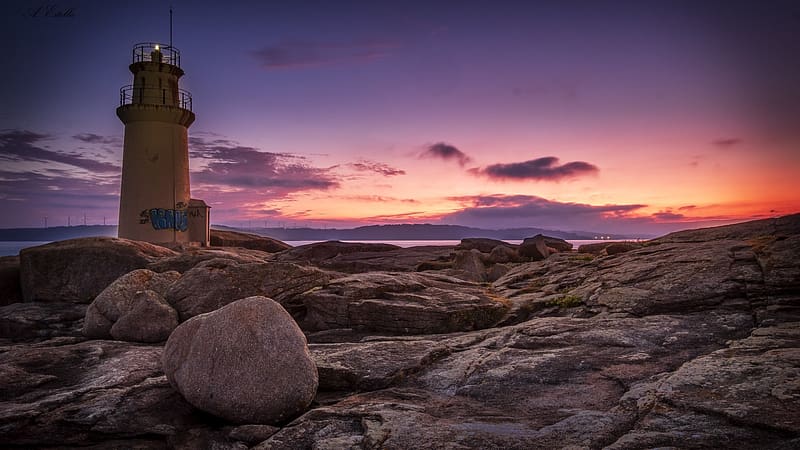 Lighthouse of Muxia, Galicia, Spain, sea, coast, landscape, colors, clouds, sky, rocks, sunset, HD wallpaper
