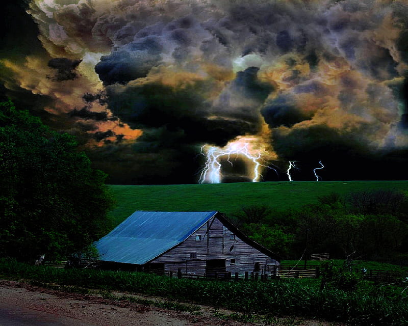 STORMY NIGHT, fence, hut, house, trees, clouds, storm, blue roof, lightning, green, plants, road, HD wallpaper