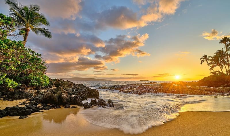 Sunset on the Hawaiian beach in Lahaina, Havaii, tengerpart, naplemente, Lahaina, sziklak, palmafak, HD wallpaper