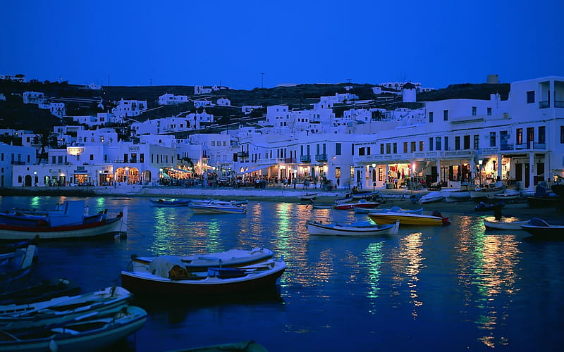 Night in Sicily Italy, boats, mountains, people, shops, blue sky, white houses, lights, sea, HD wallpaper