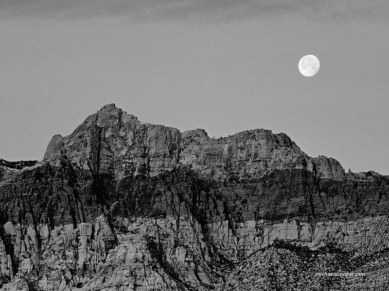Bridge Mountain and Moon, desert, nevada, red rock, west, bridge mountain, southwest, mohave desert, mountain, moon, mountains, american west, HD wallpaper