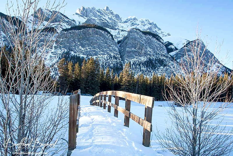 Wooden Bridge at Lake Minnewanka, Banff NP, alberta, snow, mountains, canada, HD wallpaper