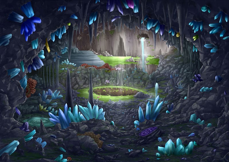 Anime, Waterfall, Mushroom, Cave, Crystal, Original, HD wallpaper