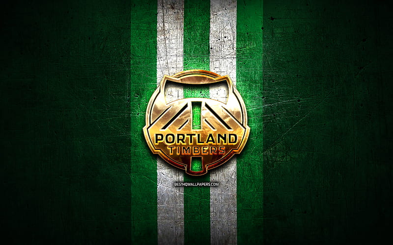 Portland Timbers, golden logo, MLS, green metal background, american soccer club, Portland Timbers FC, United Soccer League, Portland Timbers logo, soccer, USA, HD wallpaper