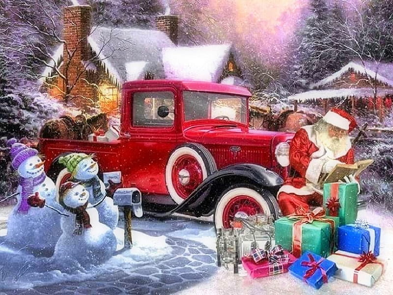 SANTA'S TRUCK, villages, Christmas, snowmen, holidays, love four seasons, attractions in dreams, santa claus, xmas and new year, winter, snow, winter holidays, forests, truck, gifts, HD wallpaper