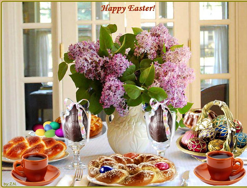 Happy Easter, easter cake, eggs, flowers, coffee, HD wallpaper