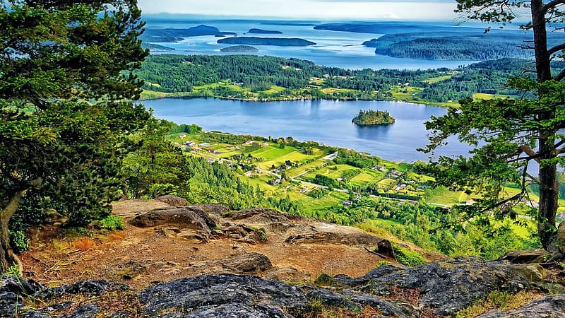 Campbell Lake, the island of Fidalgo, Puget Sound Washington, usa, landscape, trees, water, rocks, HD wallpaper