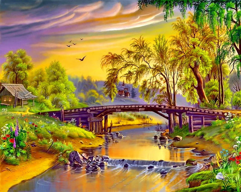 Peaceful place, shore, falling, cabin, clouds, foliage, countryside, nice, village, flowers, reflection, rest, lovely, houses, relax, golden, greenery, sky, trees, water, serenity, rays, fall, colorful, autumn, glow, cottage, sunny, bonito, leaves, bridge, painting, river, forest, creek, summer, nature, HD wallpaper