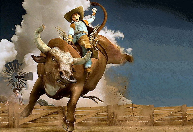 I'm A Cowboy!, bulls, male, corral, hats, boots, ranch, fun, cartoon, rodeo, animation, drawing, cowboys, HD wallpaper