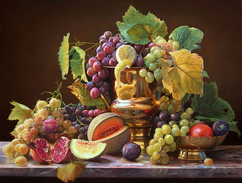 Fruits, zbigniew kopania, fruit, still life, art, painting, pictura, HD wallpaper