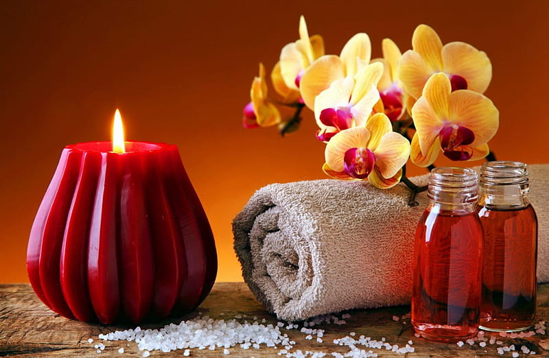Spa still life, perfume, red, candle, pretty, rest, lovely, relax, bonito, orchids, flame, spa, flowers, massage, harmony, HD wallpaper
