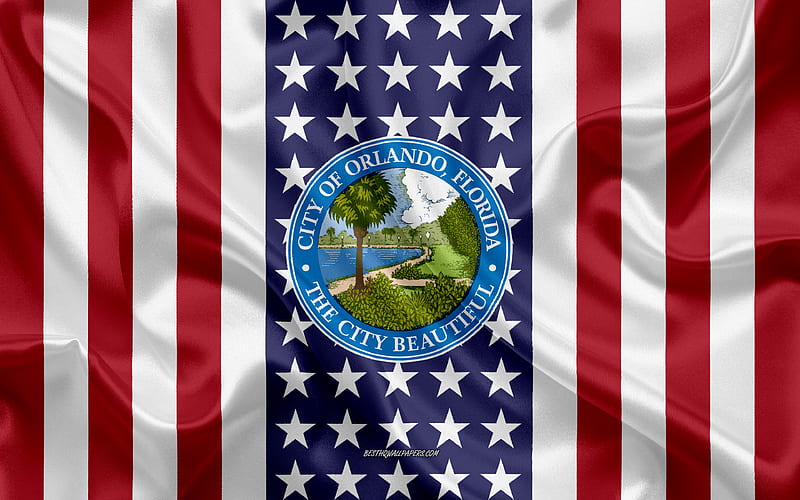 Orlando Seal silk texture, American Flag, USA, Orlando, Florida, American City, Seal of the Orlando, silk flag, HD wallpaper