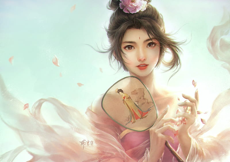 Princess, yankong bu, art, frumusete, luminos, hand fan, fantasy, girl, flower, asian, fan, pink, blue, HD wallpaper
