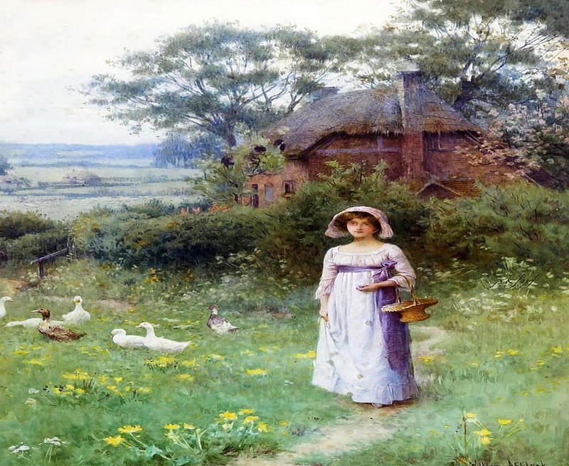 Painting by William Affleck (1869-1943), artist, dress, ducks, woman, geese, landscapes, painting, art, life, country house, birds, abstract, hat, retro, girl, painter, nature, lady, HD wallpaper