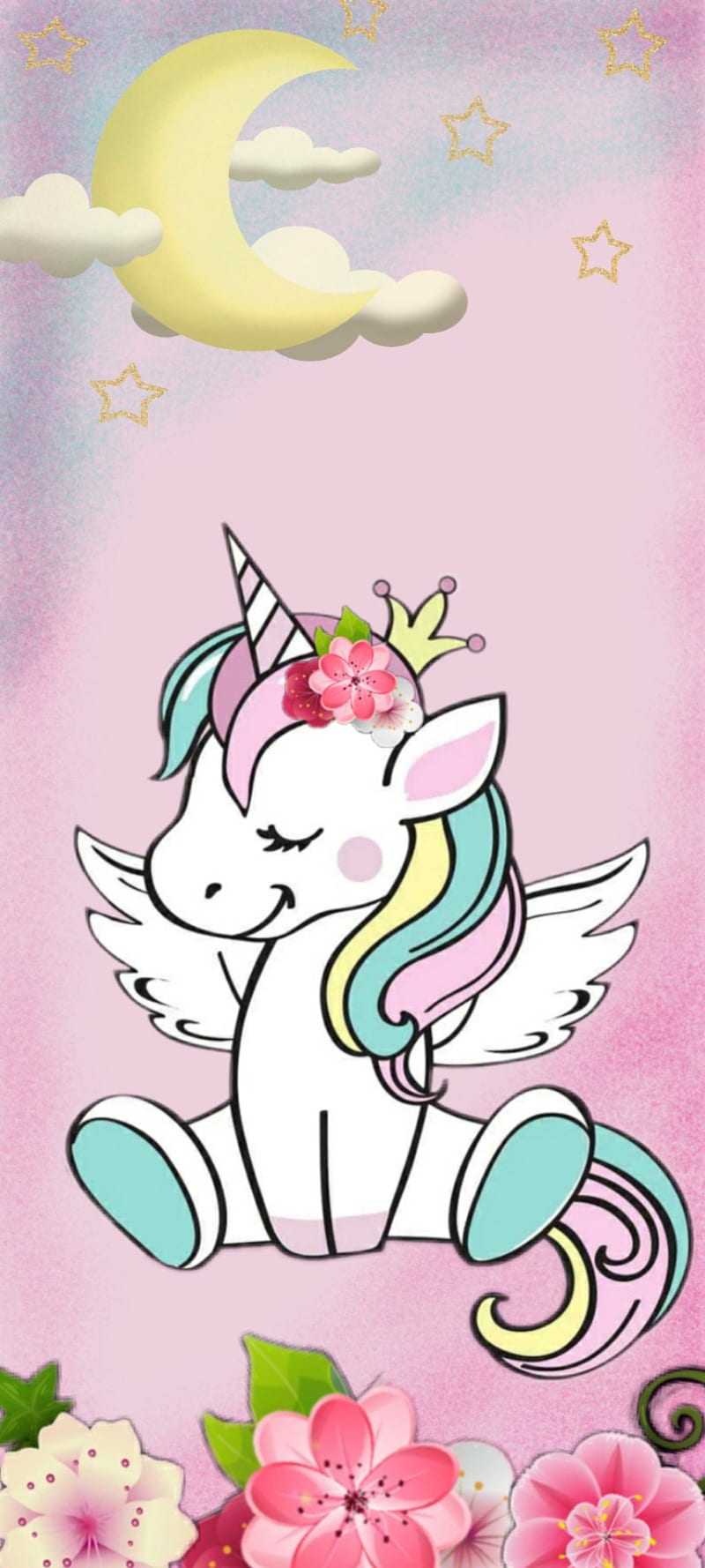 Cute unicorn , cute, flowers, moon, unicorn, HD phone wallpaper