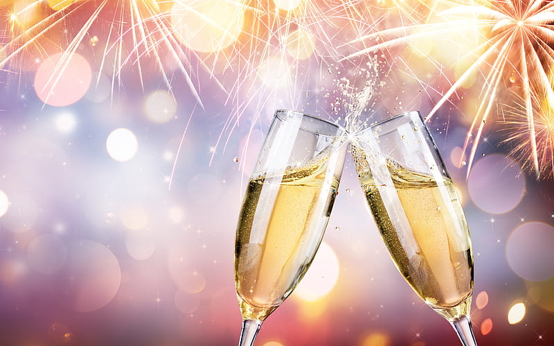 glasses of champagne, fireworks Happy New Year, bright lights, champagne, Merry Christmas, HD wallpaper