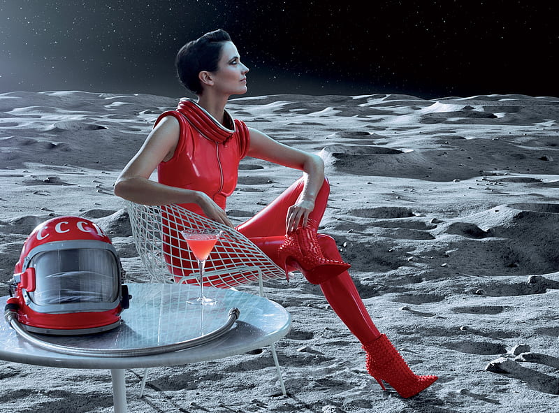 Eva Green, red, moon, woman, moon, add, girl, actress, planet, commercial, white, stilettos, HD wallpaper
