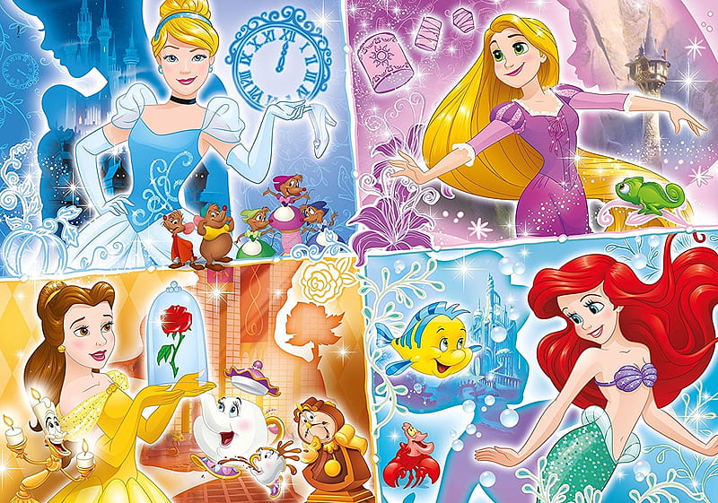 Disney princesses, rapunzel, belle, collage, cinderella, fantasy, ariel, princess, blue, disney, HD wallpaper