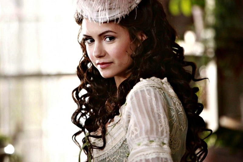 Nina Dobrev as Katherine, nina dobrev, vampire diaries, katherine, woman, hat, fantasy, girl, actress, tv series, beauty, white, HD wallpaper