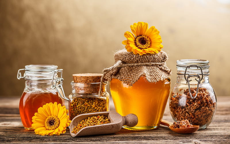 ***Jars of sweet honey and yellow gerberas ***, gerberas, honey, yellow, nature, sweet, jars, HD wallpaper