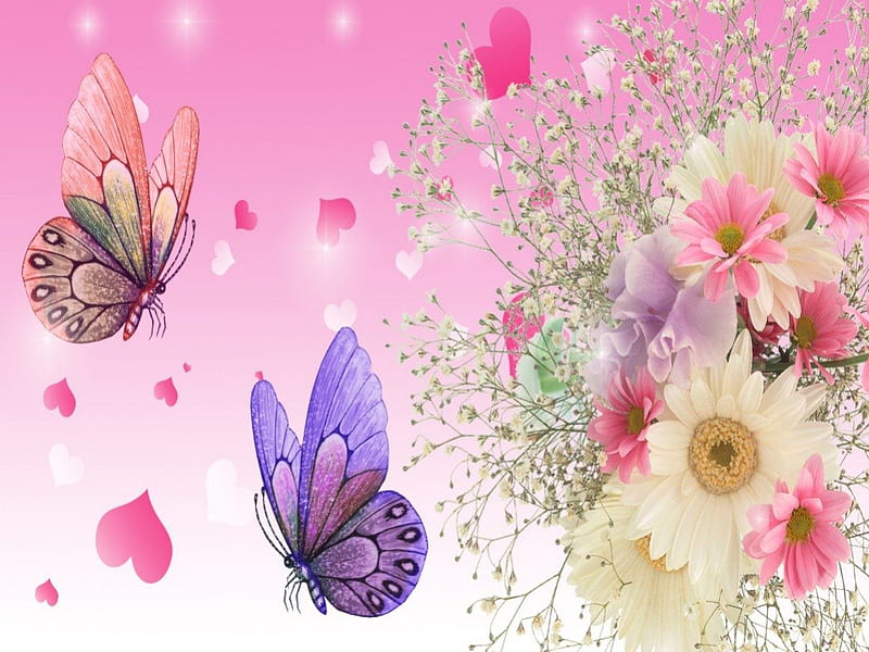 'Flowers & Butterflies in Spring', love four seasons, butterflies, spring, attractions in dreams, creative pre-made, most ed, corazones, macro nature, sweet, love, flowers, beloved valentines, butterfly designs, pink, HD wallpaper