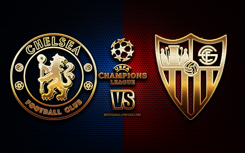 Chelsea vs Sevilla, season 2020-2021, Group E, UEFA Champions League, metal grid backgrounds, golden glitter logo, Chelsea FC, Sevilla FC, UEFA, HD wallpaper