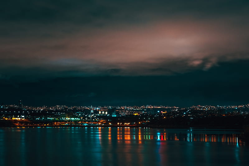 city, river, glow, night, HD wallpaper