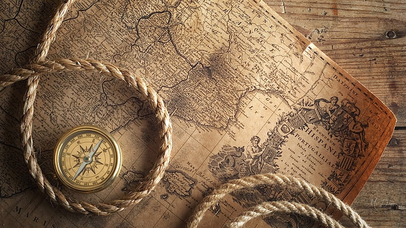 On Deck, directions, ship, rope, compass, map, vintage, HD wallpaper