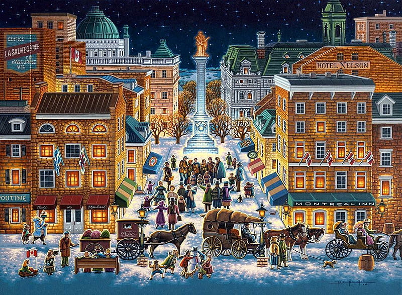 Old Montreal, snow, buildings, people, night, winter, coaches, horses, stars, artwork, painting, HD wallpaper