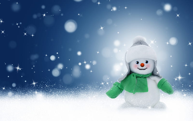 snowman, winter, snow, 3d snowmen, New Year, Christmas, blue background, stars, HD wallpaper