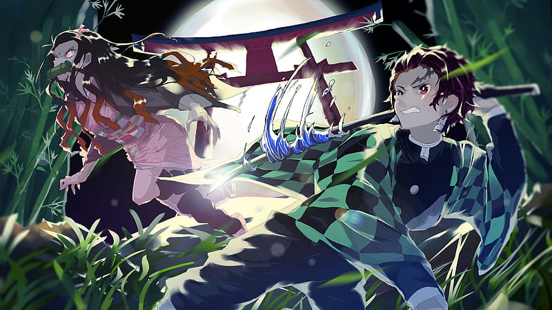 Demon Slayer Nezuko Kamado Tanjirou Kamado With Sword Around Green Plants With Background Of Moon Anime, HD wallpaper