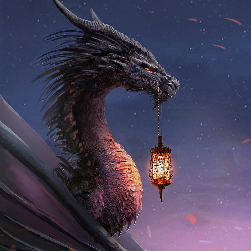 Dragon with lantern, dragon, lantern, fantasy, luminos, lampion, aleksandra skiba, HD wallpaper