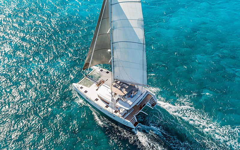 yacht catamaran, view from above, sea, white sails, walk on a yacht, Adriatic Sea, luxury yachts, HD wallpaper