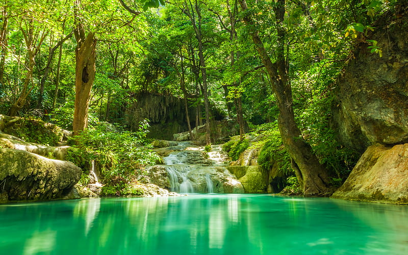 tropical forest, waterfall, blue lake, Thailand, beautiful waterfalls, HD wallpaper
