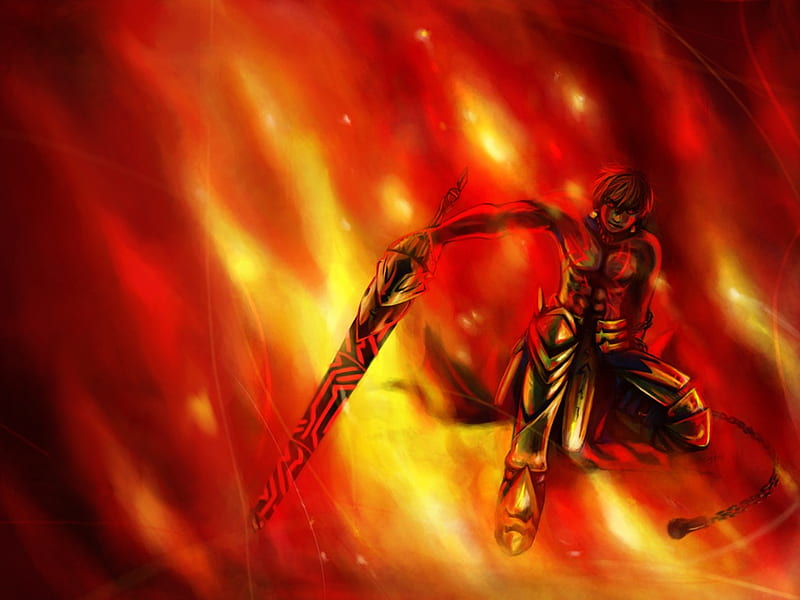 Burning Knight, king, burning, golden, game, ea, fire, fate stay night, anime, gilgamesh, knight, HD wallpaper