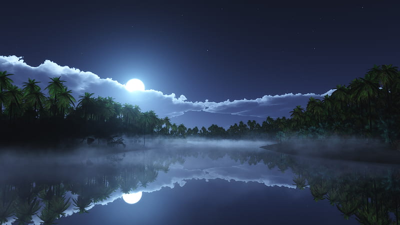 Tropic Cold Night , night, nature, reflection, moon, artist, artwork, digital-art, HD wallpaper
