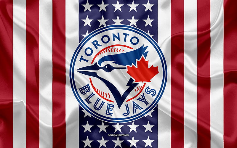 Toronto Blue Jays logo, emblem, silk texture, American flag, Canadian baseball club, MLB, Toronto, Ontario, Canada, USA, Major League Baseball, baseball, silk flag, HD wallpaper