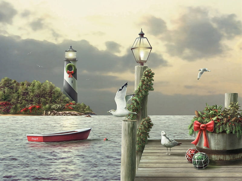 A Moment in Time, boat, christmas, painting, seagulls, artwork, coast, lighthouse, HD wallpaper