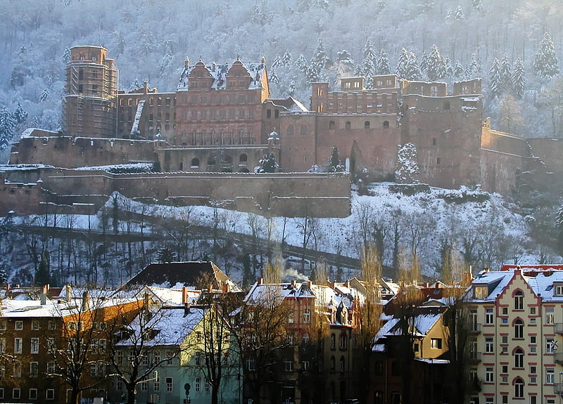 The Castle of Heidelberg in winter, Heidelberg, Castle, Schloss, ancient, Winter, HD wallpaper