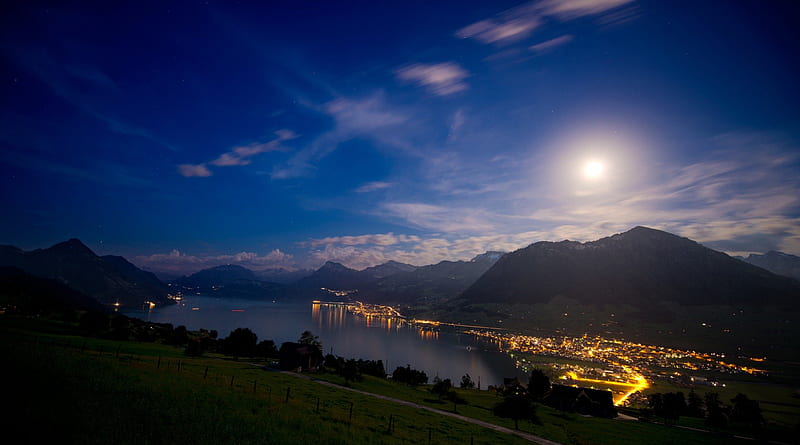 moonrise over beautiful lake lucerne, moon, city, mouantains, lake, lights, night, HD wallpaper