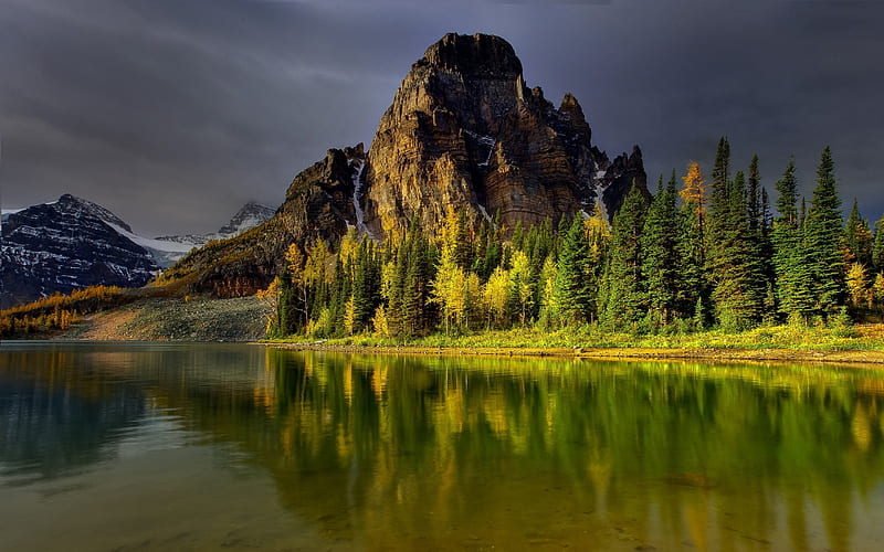 lake, rock, sunset, mountains, evening, HD wallpaper