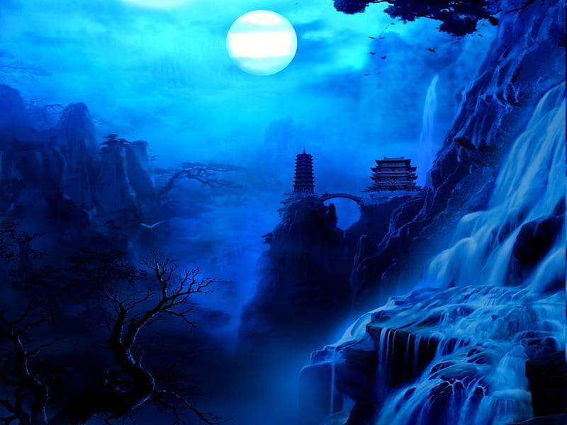 MOONLIGHT SONATA, mountain, moon, bridge, temple, castle, fullmoon, waterfalls, HD wallpaper