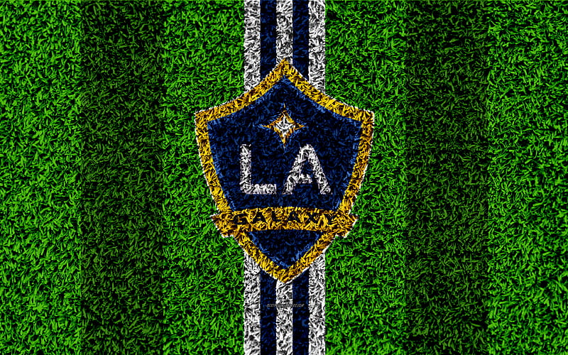 Los Angeles Galaxy MLS, football lawn, logo, american soccer club, white blue lines, grass texture, Los Angeles, California, USA, Major League Soccer, football, LA Galaxy, HD wallpaper