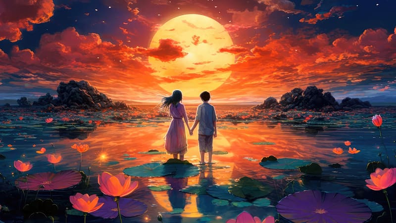 You And Me Watching Sunset , couple, love, artist, artwork, digital-art, HD wallpaper