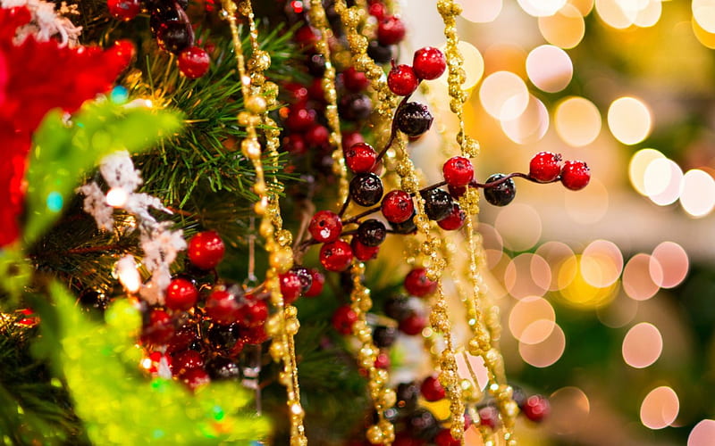 Merry Christmas!, red, bokeh, green, christmas, berry, decoration, yellow, HD wallpaper