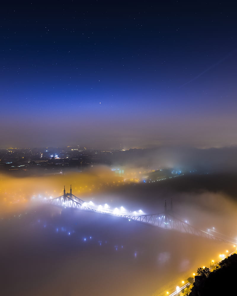 bridge covered with fog during nighttime, HD phone wallpaper