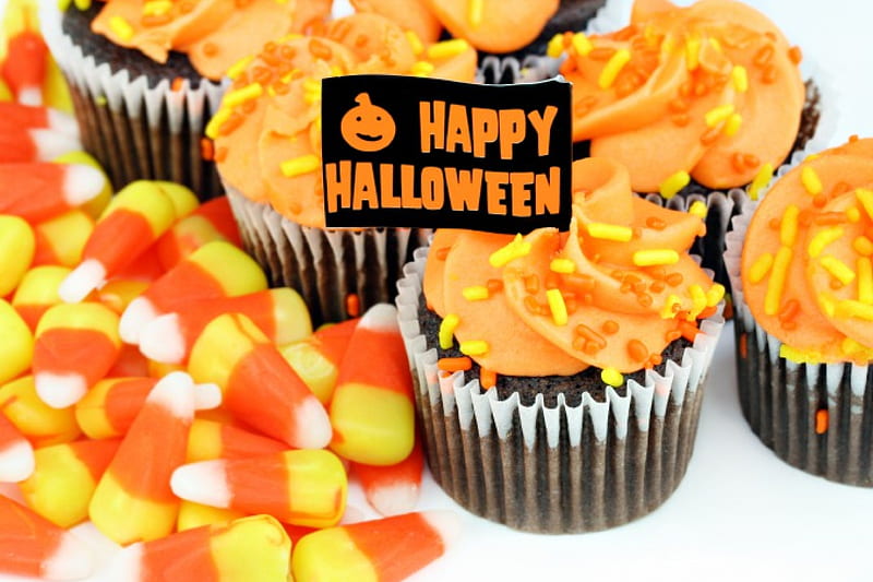 Happy Halloween!, corn, candy, sweets, orange, food, halloween, chocolate, yellow, word, sweet, dessert, cupcake, cream, HD wallpaper