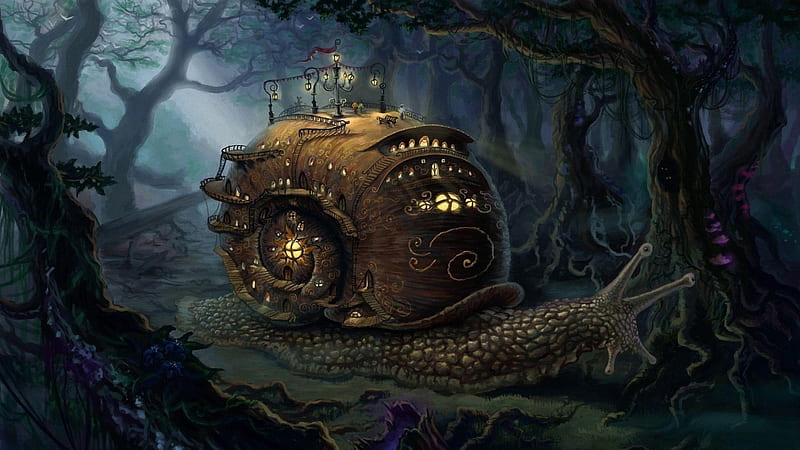 steampunk snail, forest, house, snail, steampunk, shell, HD wallpaper